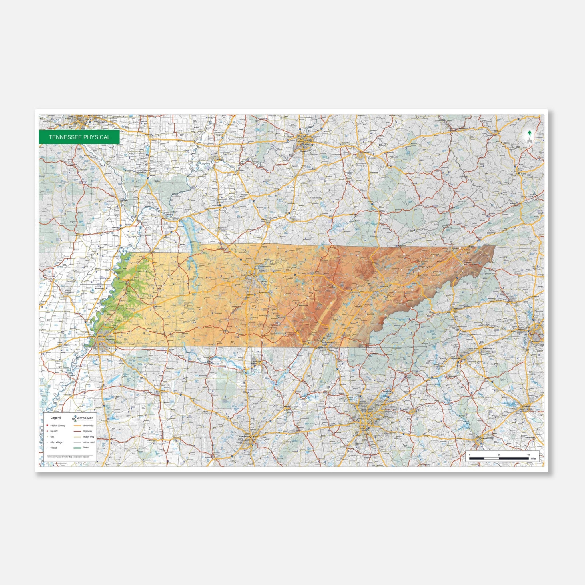 Physical Map Tennessee - Vector Map