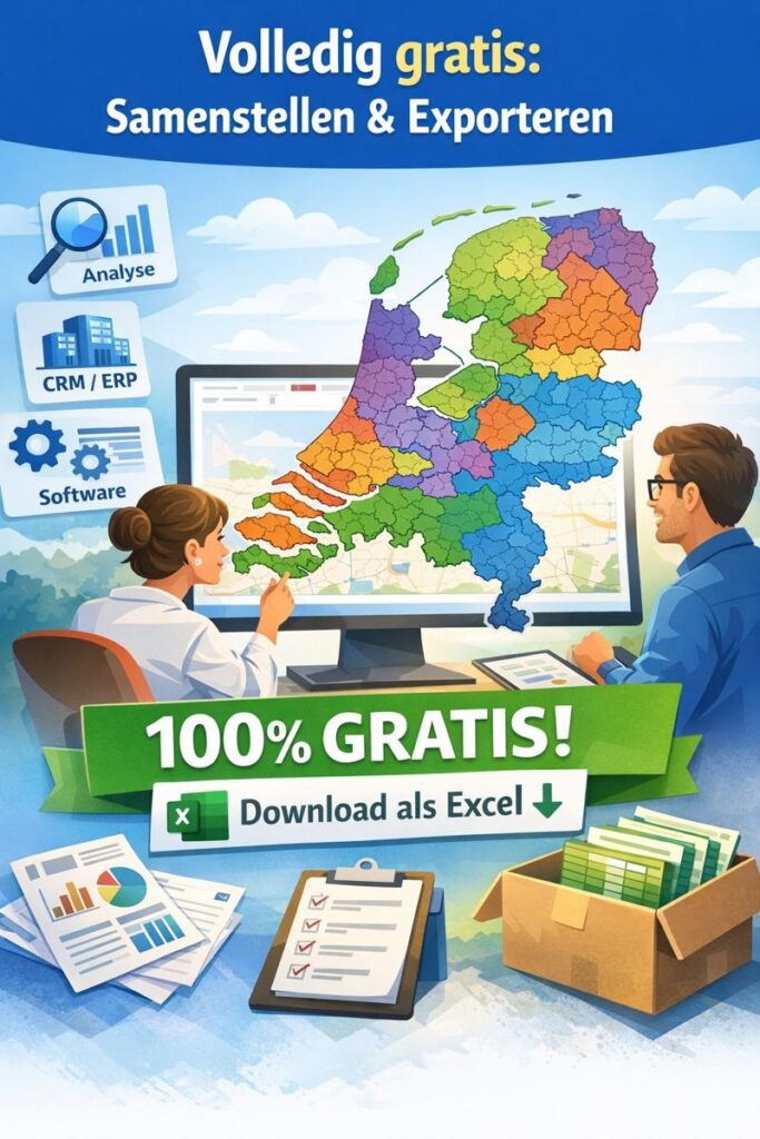 “Interactieve kaart met kleurrijke rayons van Nederland, waarbij gebruikers gratis werkgebieden samenstellen en downloaden als Excel-bestand