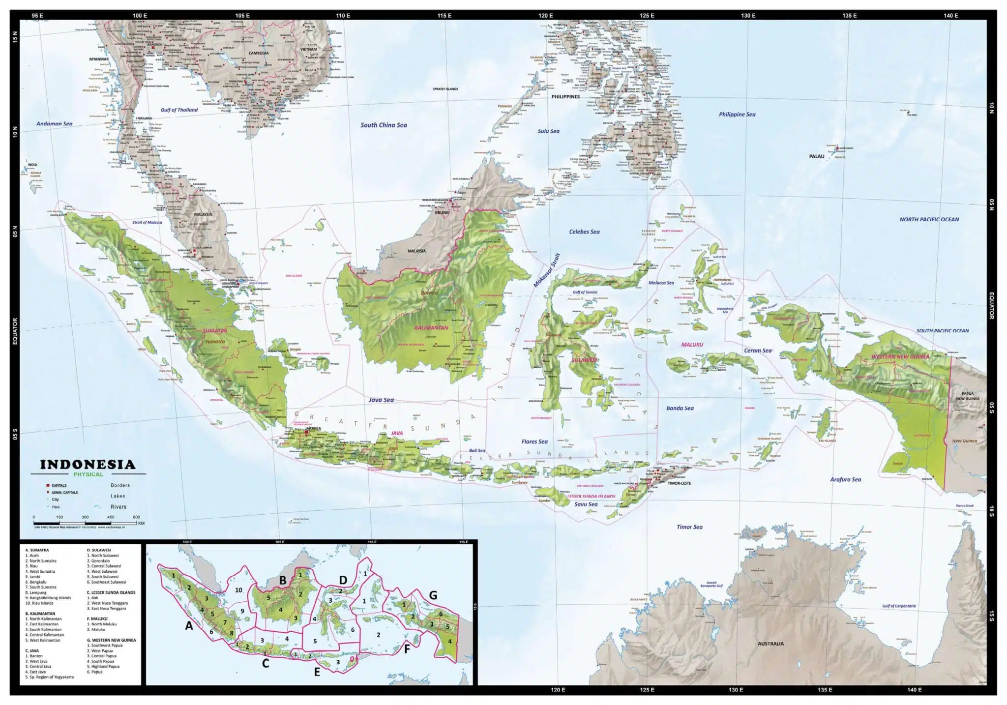 Kaart Indonesië Natuurkundig