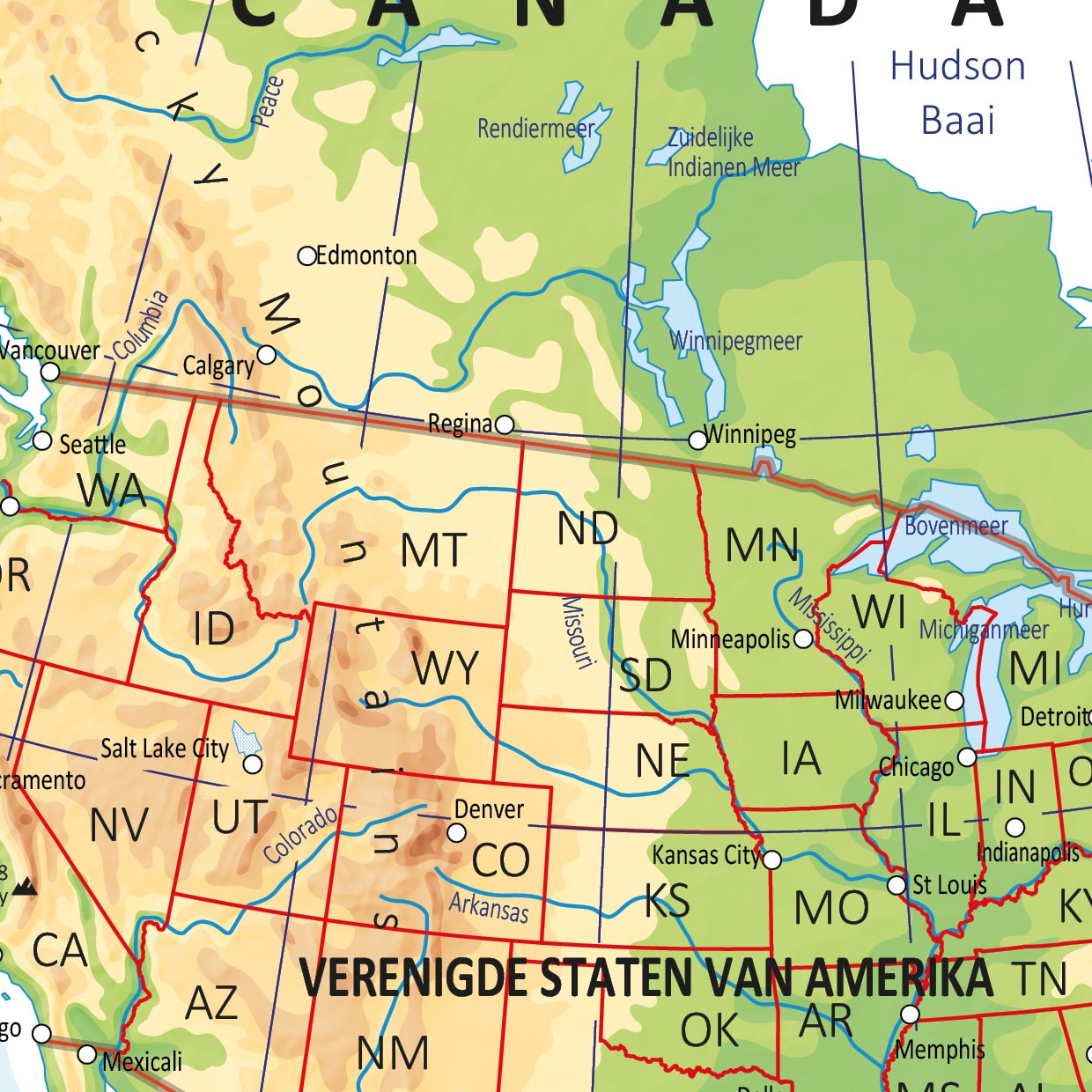 Schoolkaart Noord-Amerika natuurkundig - Afbeelding 2