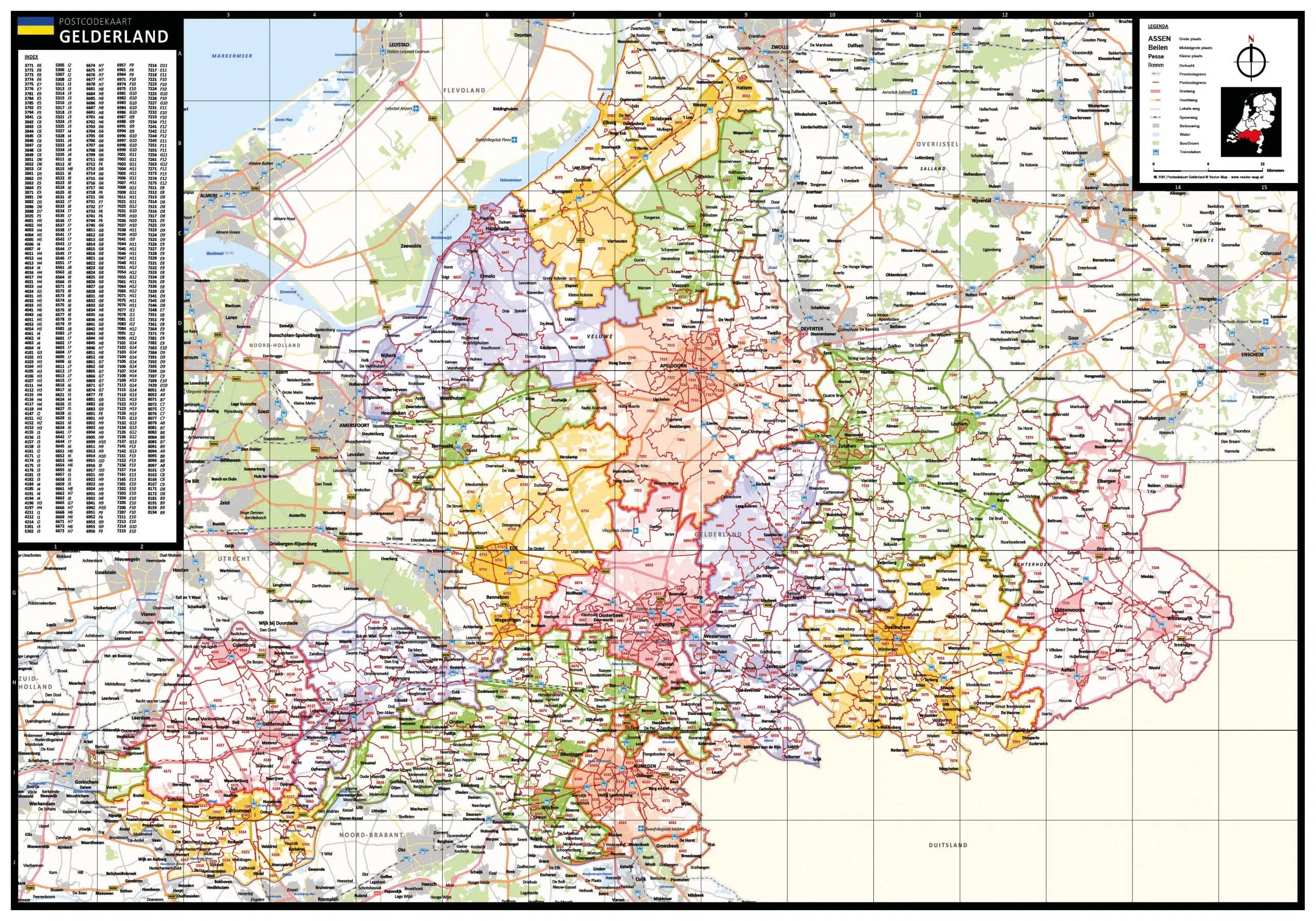 Gekleurde postcodekaart Gelderland