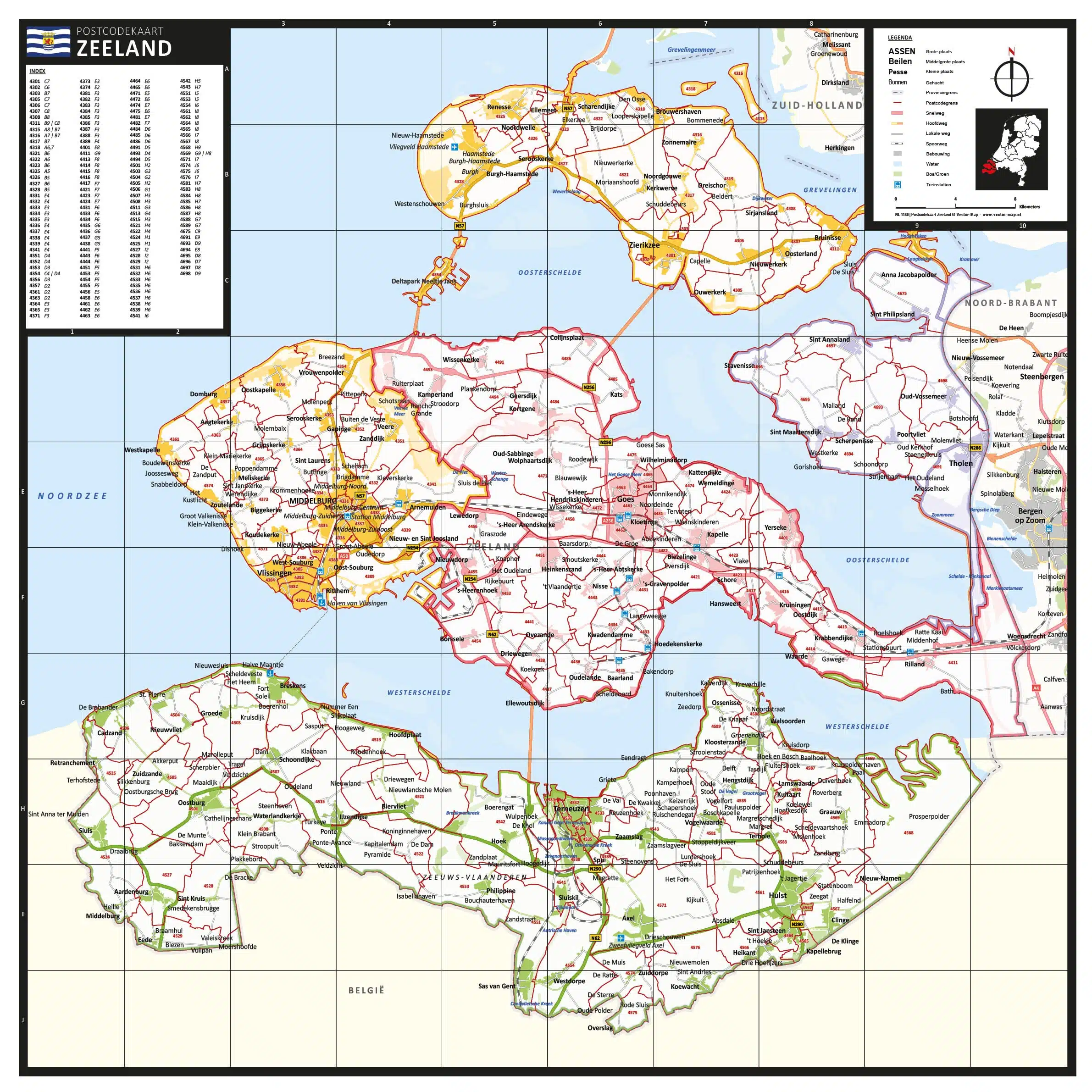 Gekleurde postcodekaart Zeeland