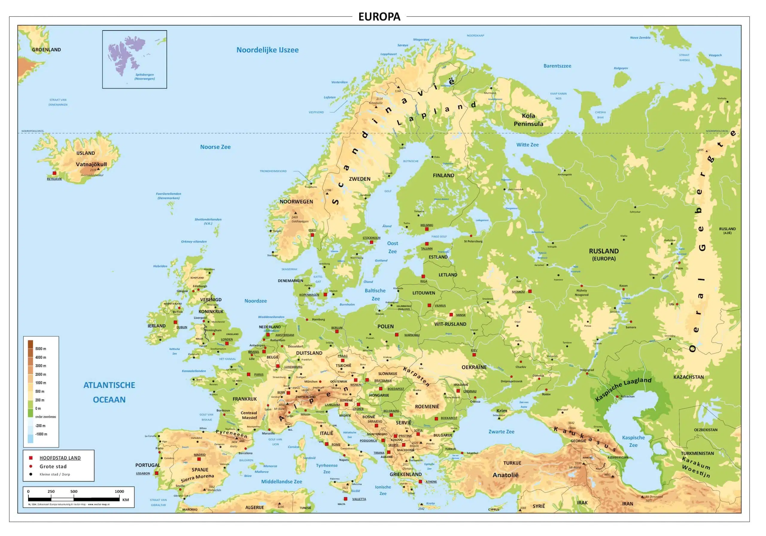 Schoolkaart Europa natuurkundig