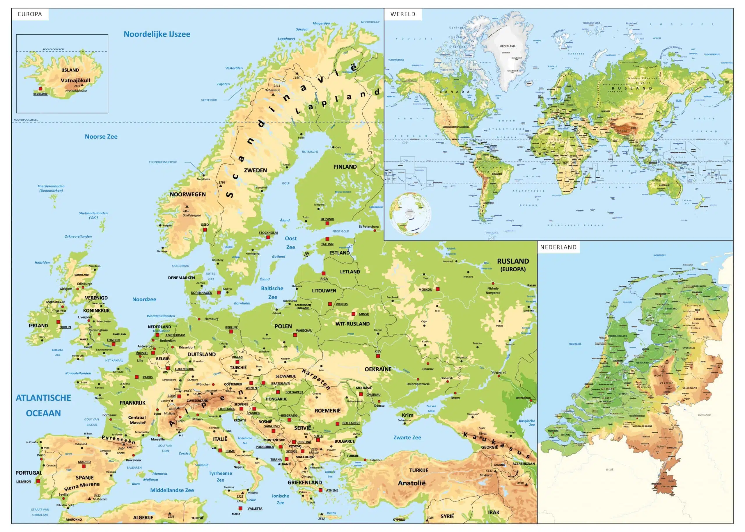 Schoolkaart Europa-Wereld-Nederland natuurkundig