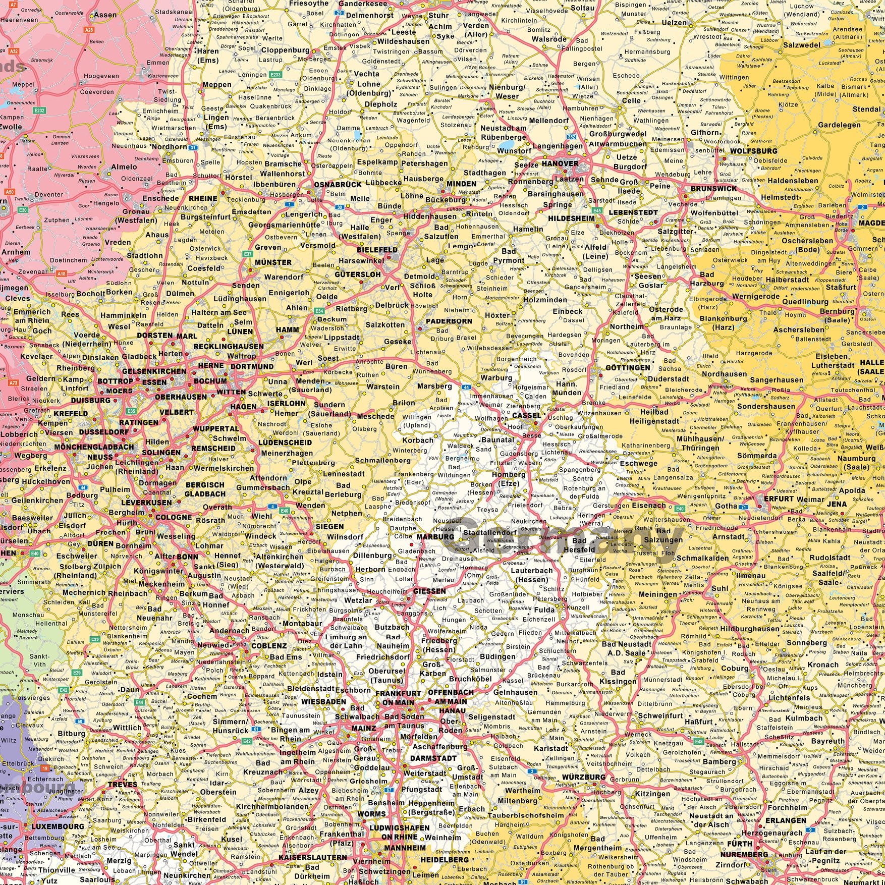Gedetailleerde wegenkaart Duitsland, Luxemburg, België, Nederland - Afbeelding 2