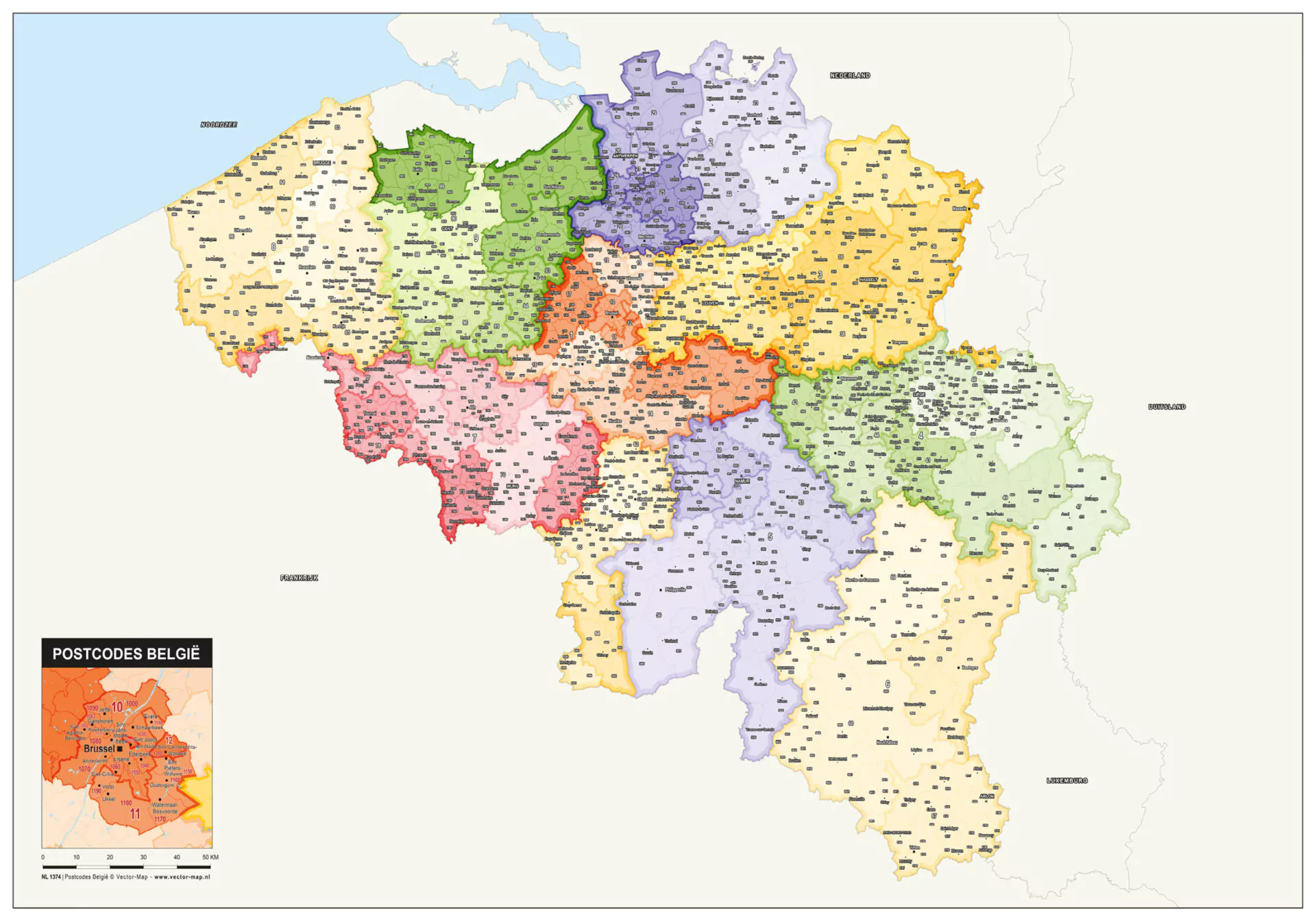 Kaart België met Postcodes