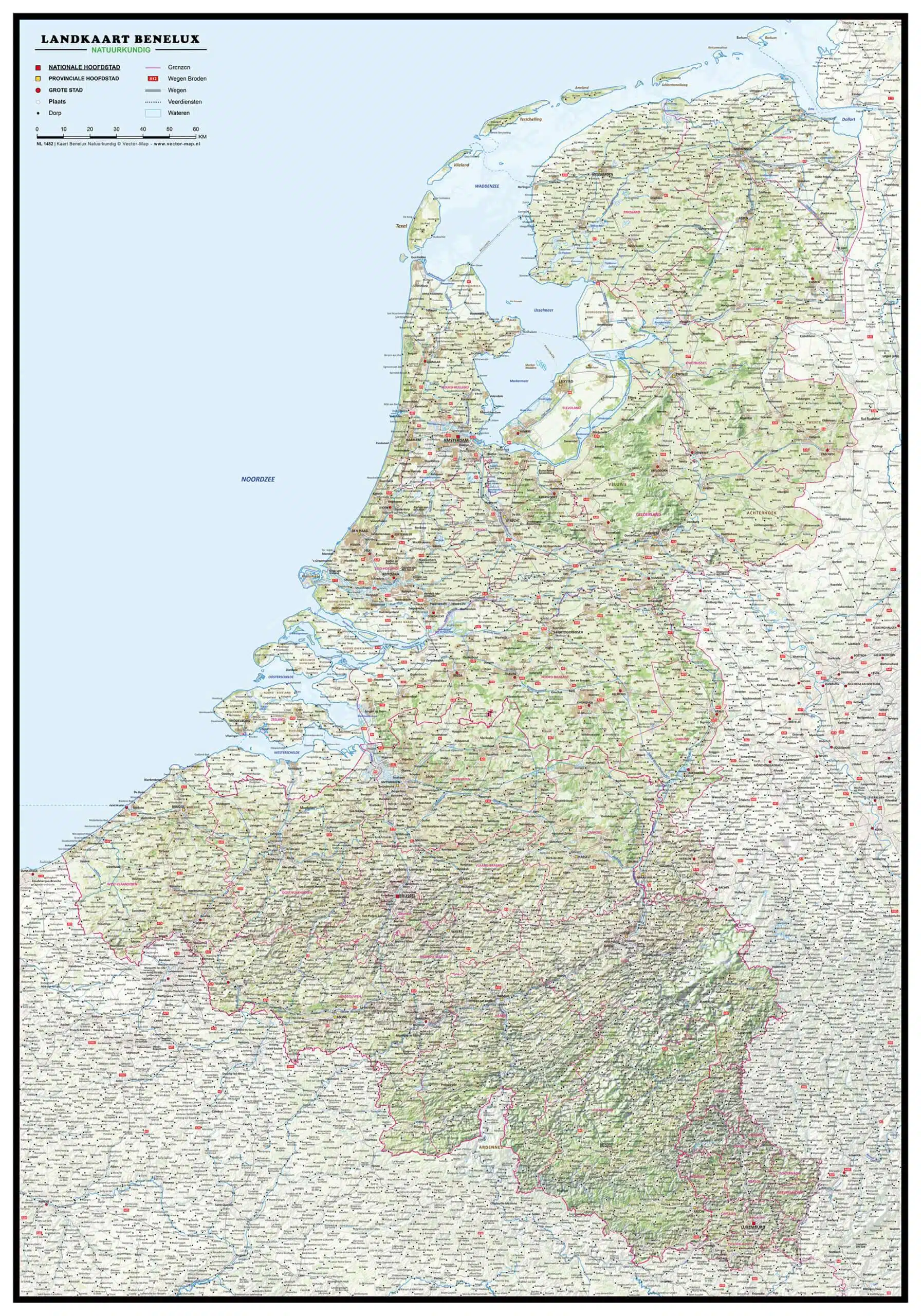 Gedetailleerde Kaart Benelux Natuurkundig