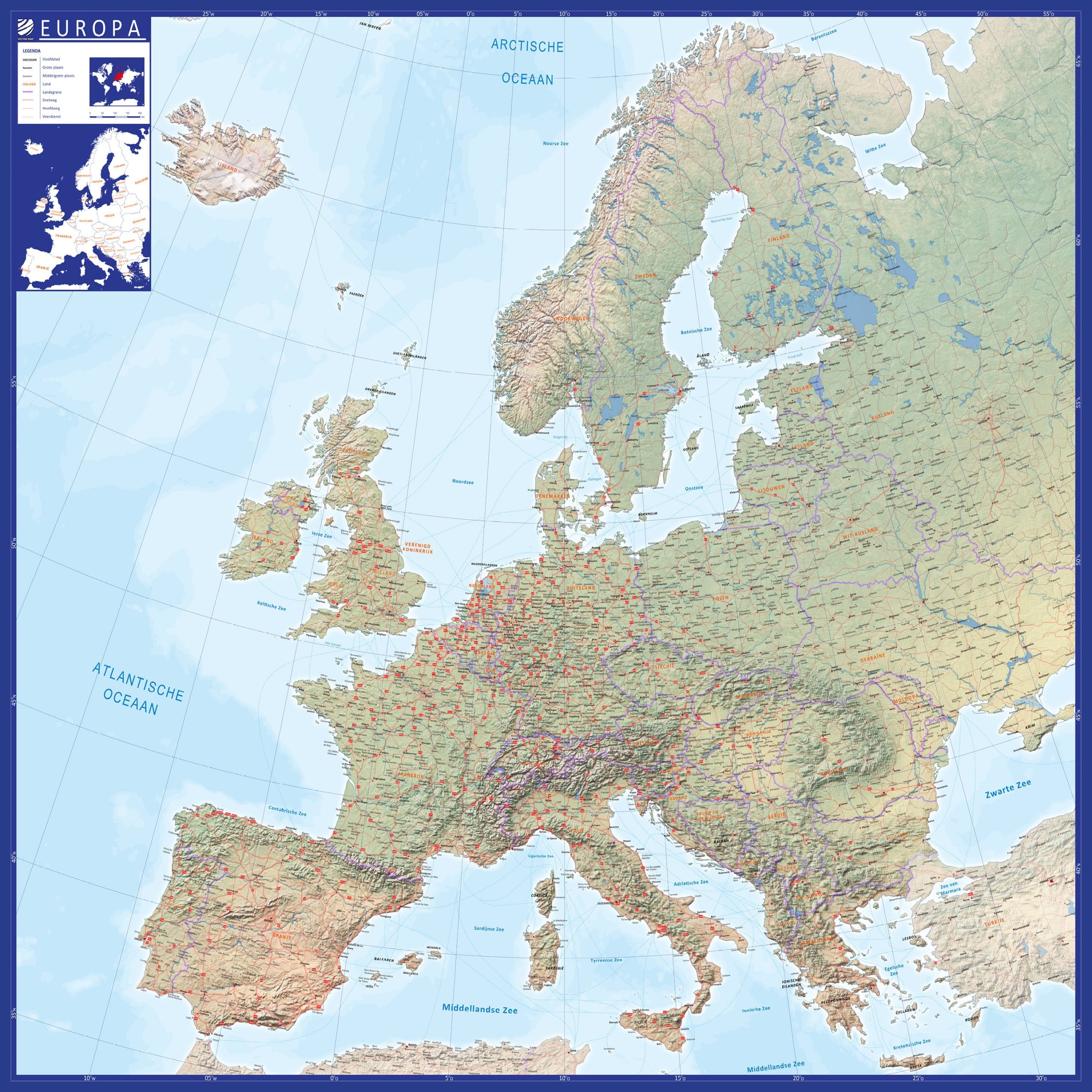 Wegenkaart Europa natuurkundig